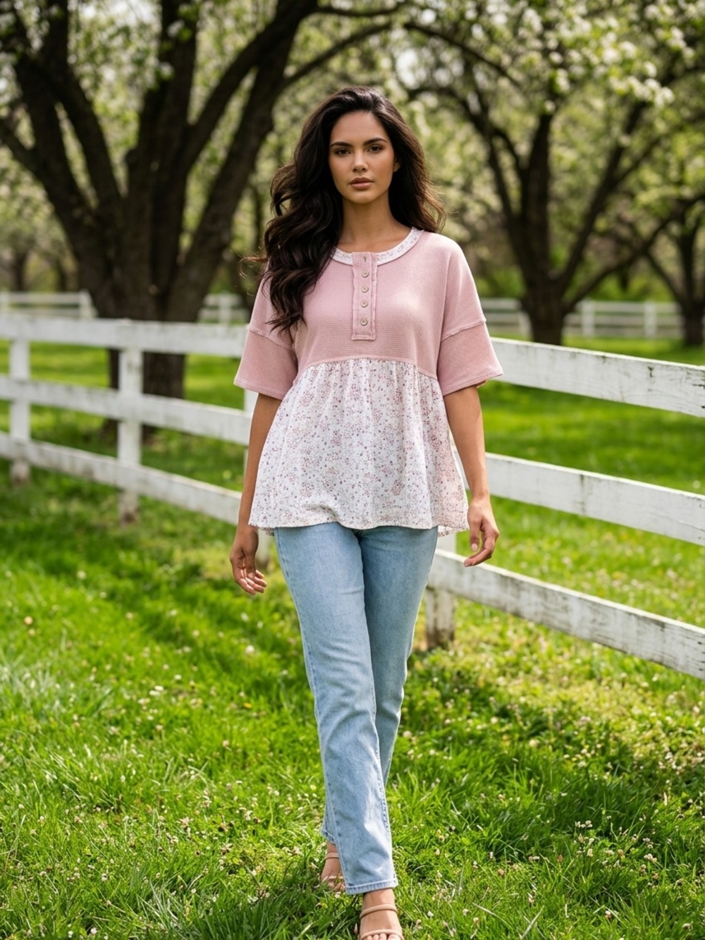 Waffle Knit Pink Mixed-Print Peplum Top - Picture 7 of 12